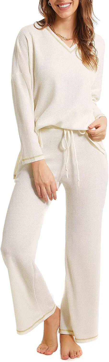 Lounge Sets for Women Waffle Knit Pajamas Set 2 Piece V Neck Top and Long Pant Cozy Sleepwear Loungewear Pjs Set