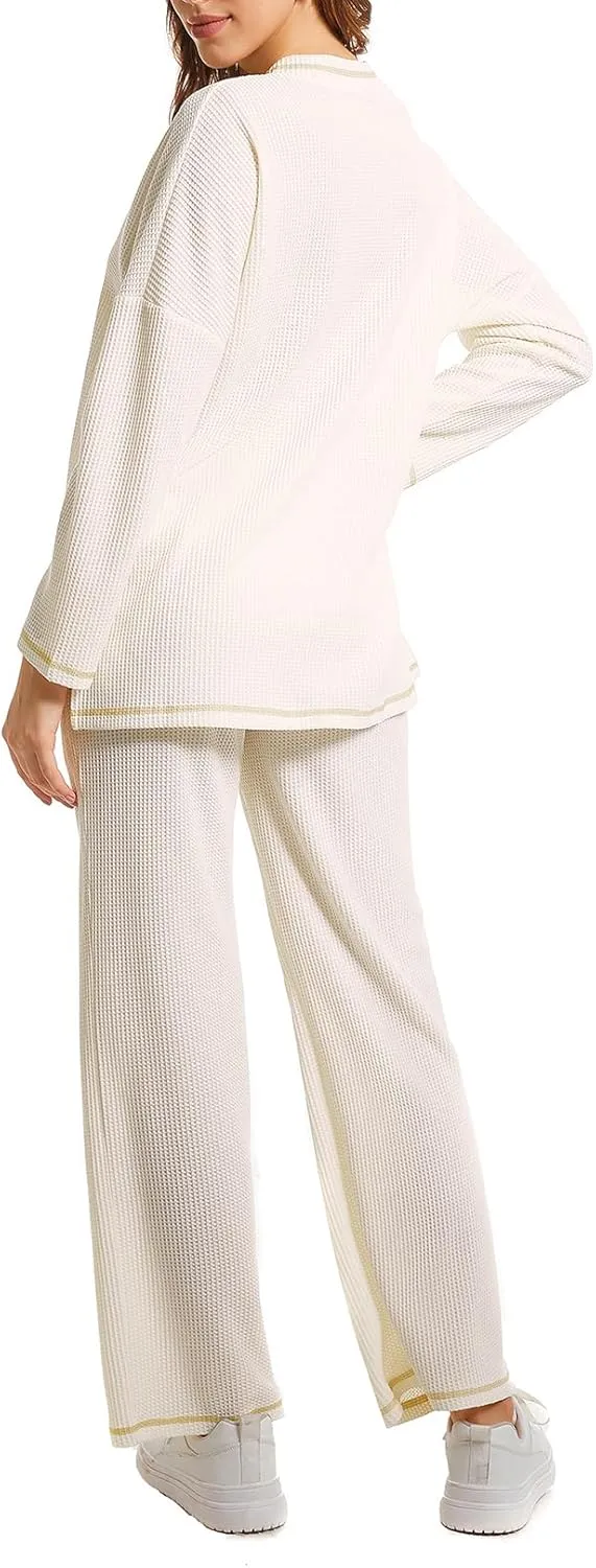Lounge Sets for Women Waffle Knit Pajamas Set 2 Piece V Neck Top and Long Pant Cozy Sleepwear Loungewear Pjs Set