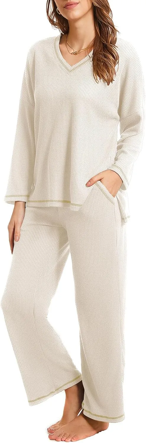 Lounge Sets for Women Waffle Knit Pajamas Set 2 Piece V Neck Top and Long Pant Cozy Sleepwear Loungewear Pjs Set