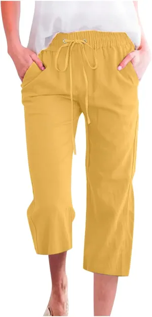 LRMQS Capris Pants for Women Cotton Linen Casual Summer 2025 Straight Wide Leg Loose Drawstring Elastic Waist Cropped Trouser