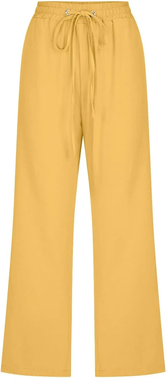 LRMQS Capris Pants for Women Cotton Linen Casual Summer 2025 Straight Wide Leg Loose Drawstring Elastic Waist Cropped Trouser