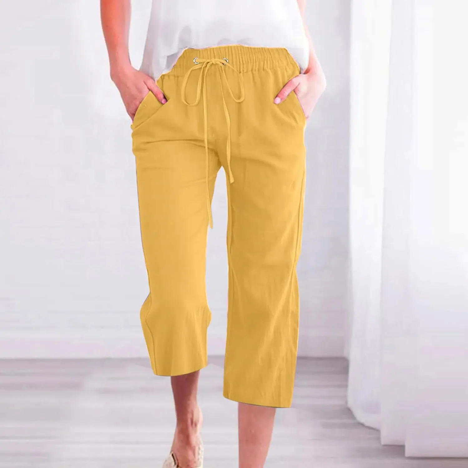 LRMQS Capris Pants for Women Cotton Linen Casual Summer 2025 Straight Wide Leg Loose Drawstring Elastic Waist Cropped Trouser