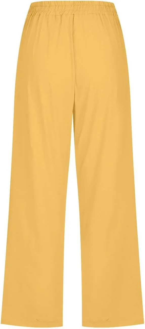 LRMQS Capris Pants for Women Cotton Linen Casual Summer 2025 Straight Wide Leg Loose Drawstring Elastic Waist Cropped Trouser