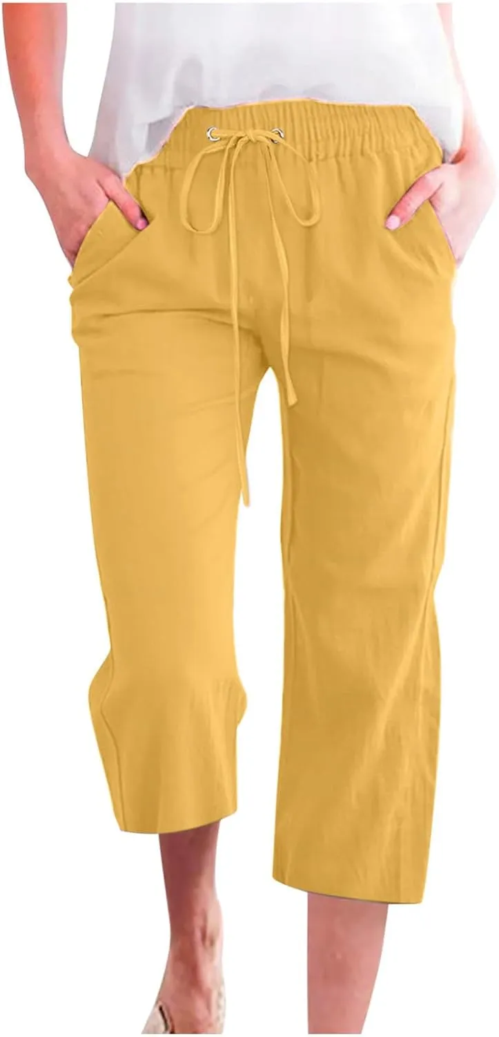 LRMQS Capris Pants for Women Cotton Linen Casual Summer 2025 Straight Wide Leg Loose Drawstring Elastic Waist Cropped Trouser