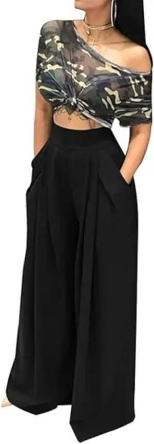 LROSEY Women Casual Stretchy Wide Leg Palazzo Pants with Pockets Flowy Dress Pants High Waisted Trousers