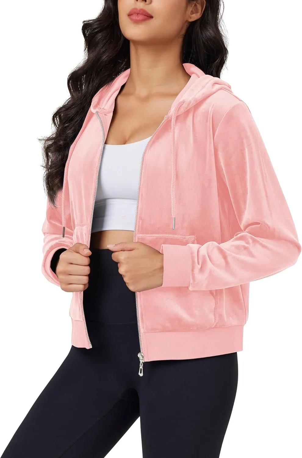 MAGCOMSEN Women's Velour Crop Hoodie Jacket Long Sleeve Zip Up Tops Soft Casual Velvet Jacket with Pockets
