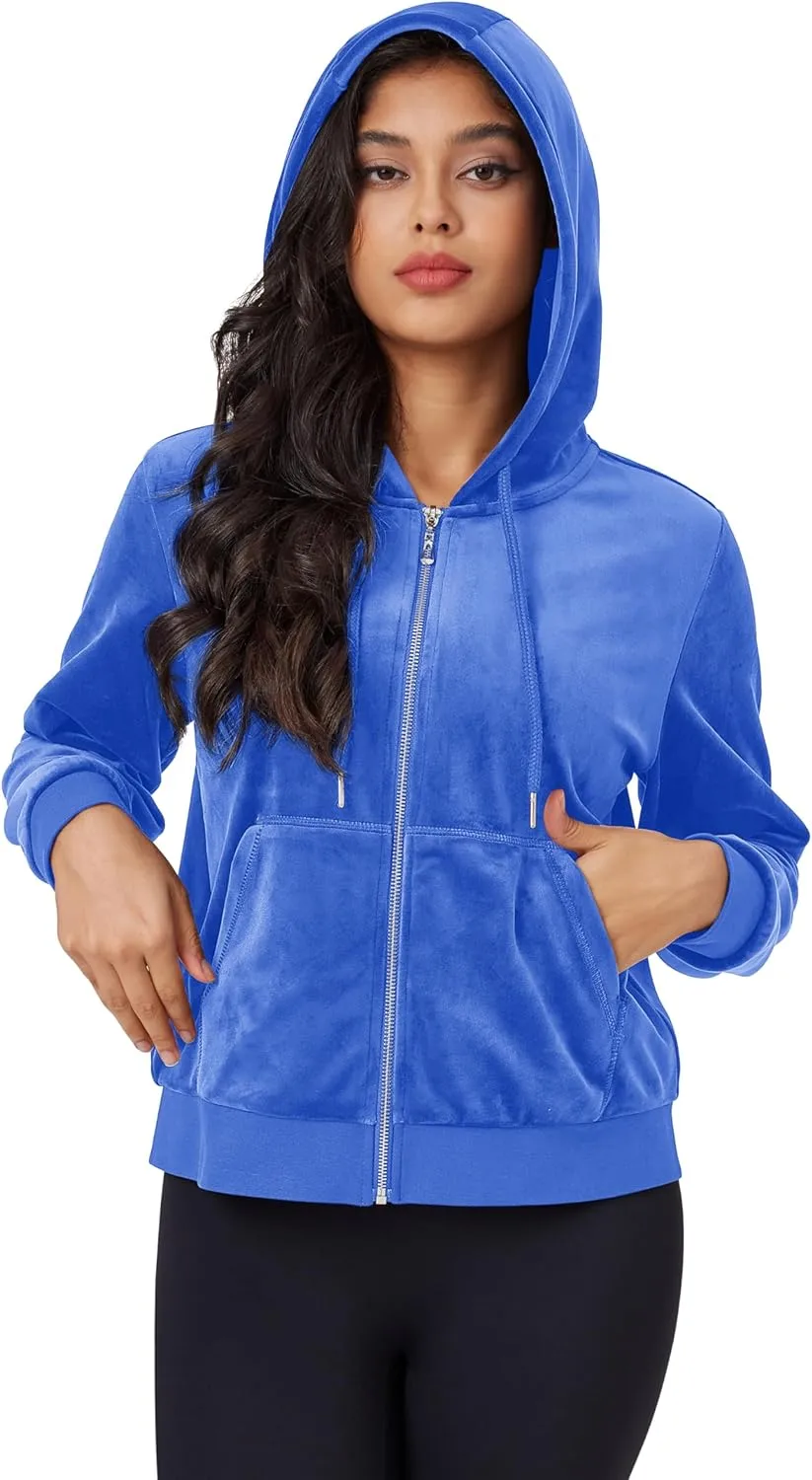 MAGCOMSEN Women's Velour Crop Hoodie Jacket Long Sleeve Zip Up Tops Soft Casual Velvet Jacket with Pockets