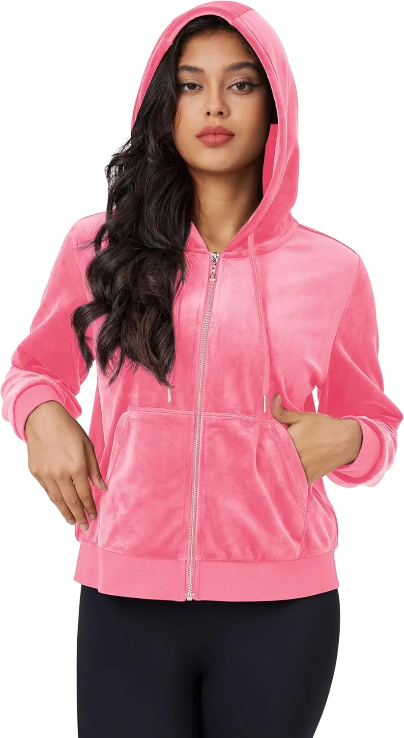 MAGCOMSEN Women's Velour Crop Hoodie Jacket Long Sleeve Zip Up Tops Soft Casual Velvet Jacket with Pockets