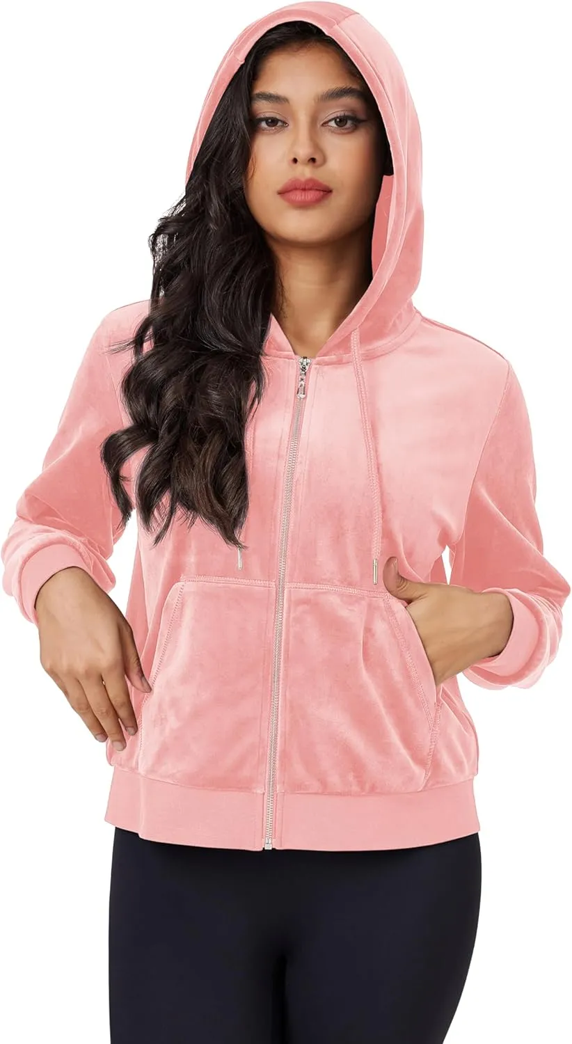 MAGCOMSEN Women's Velour Crop Hoodie Jacket Long Sleeve Zip Up Tops Soft Casual Velvet Jacket with Pockets