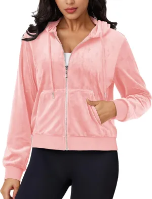 MAGCOMSEN Women's Velour Crop Hoodie Jacket Long Sleeve Zip Up Tops Soft Casual Velvet Jacket with Pockets