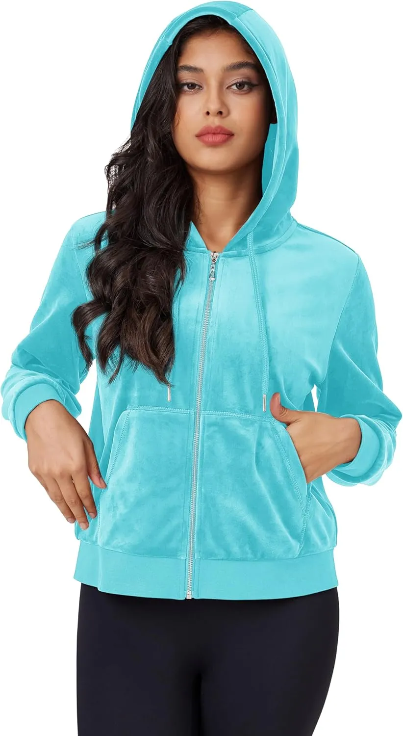 MAGCOMSEN Women's Velour Crop Hoodie Jacket Long Sleeve Zip Up Tops Soft Casual Velvet Jacket with Pockets