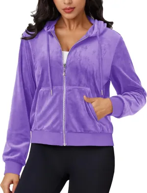 MAGCOMSEN Women's Velour Crop Hoodie Jacket Long Sleeve Zip Up Tops Soft Casual Velvet Jacket with Pockets