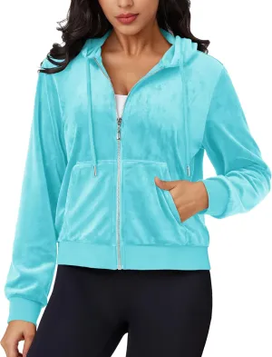 MAGCOMSEN Women's Velour Crop Hoodie Jacket Long Sleeve Zip Up Tops Soft Casual Velvet Jacket with Pockets