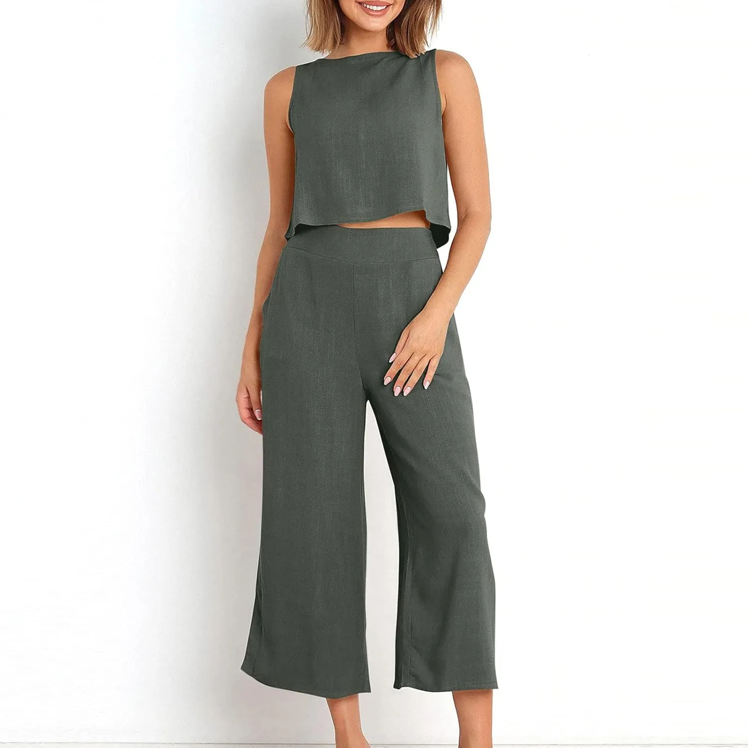 maisdgop Summer Outfits for Women Comfy Sleeveless Tank Crop Button Back Top Capri Wide Leg Pants Linen Sets with Pockets