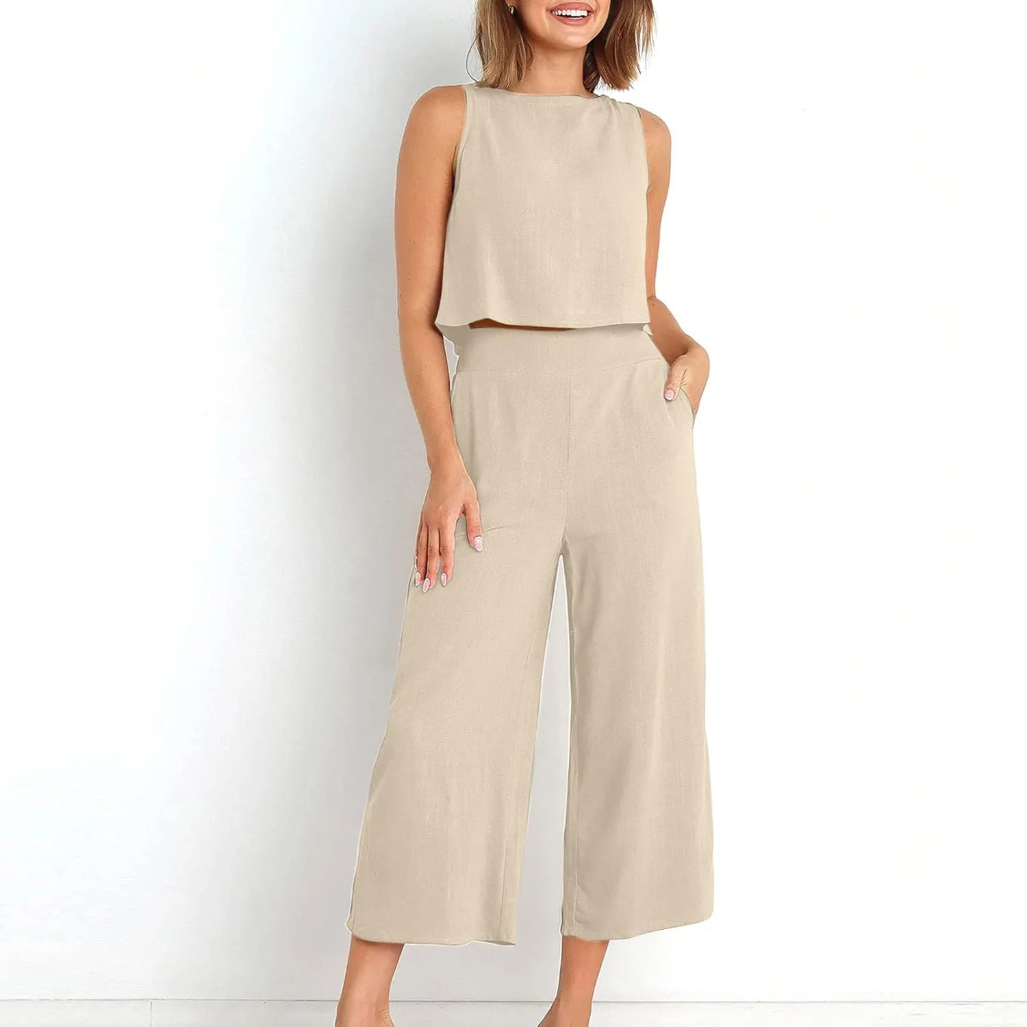maisdgop Summer Outfits for Women Comfy Sleeveless Tank Crop Button Back Top Capri Wide Leg Pants Linen Sets with Pockets
