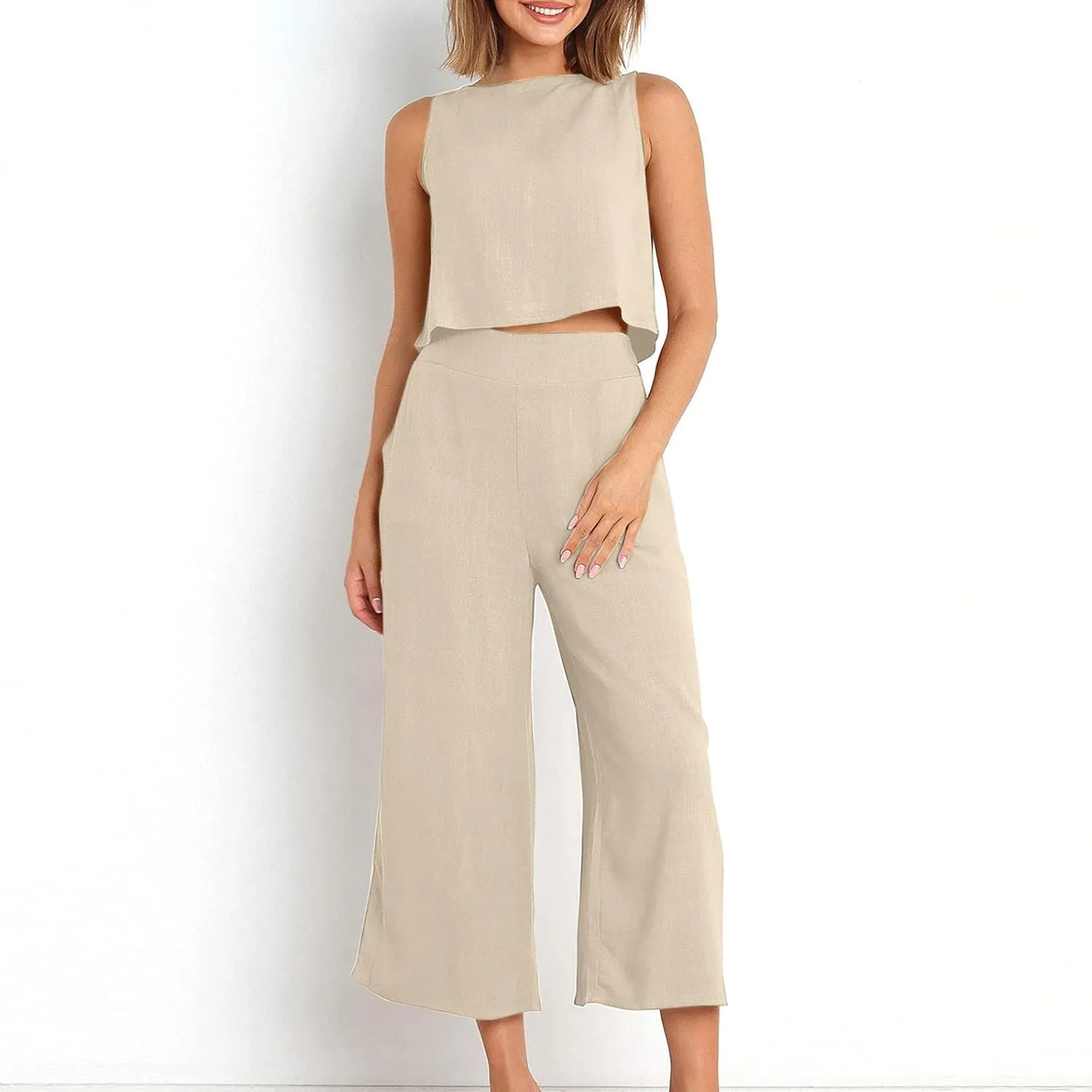maisdgop Summer Outfits for Women Comfy Sleeveless Tank Crop Button Back Top Capri Wide Leg Pants Linen Sets with Pockets