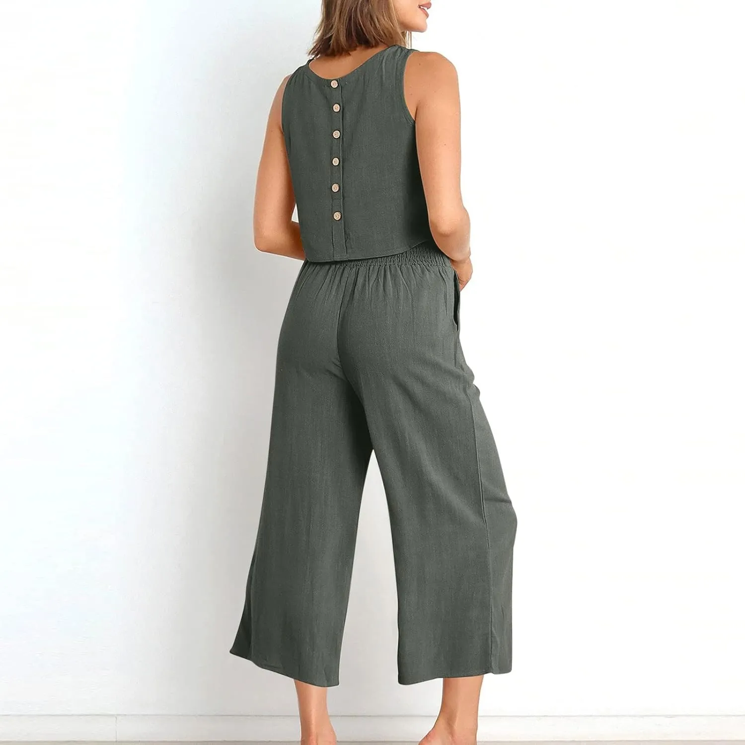 maisdgop Summer Outfits for Women Comfy Sleeveless Tank Crop Button Back Top Capri Wide Leg Pants Linen Sets with Pockets