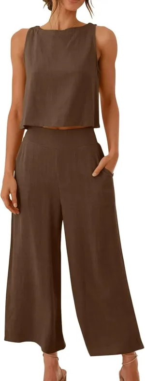 maisdgop Summer Outfits for Women Comfy Sleeveless Tank Crop Button Back Top Capri Wide Leg Pants Linen Sets with Pockets
