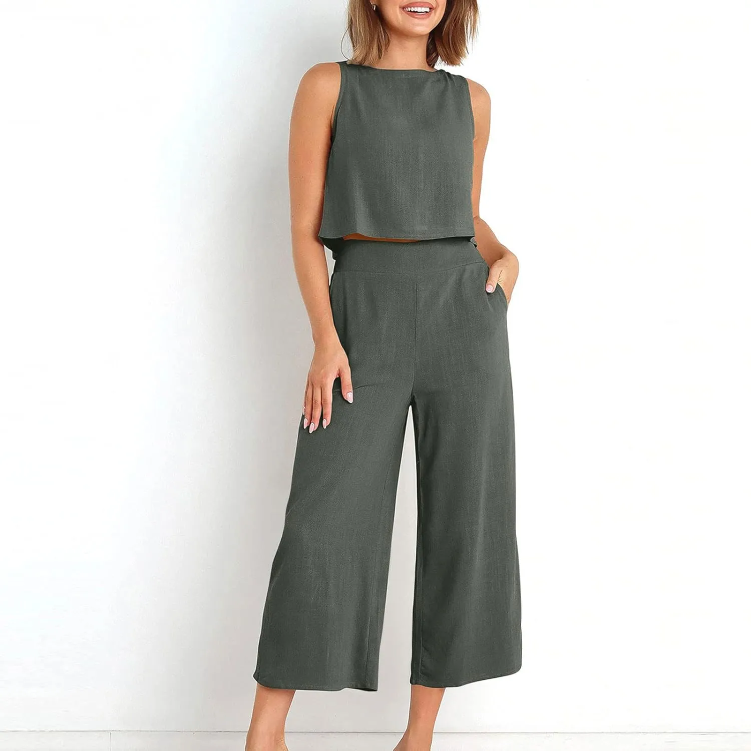 maisdgop Summer Outfits for Women Comfy Sleeveless Tank Crop Button Back Top Capri Wide Leg Pants Linen Sets with Pockets
