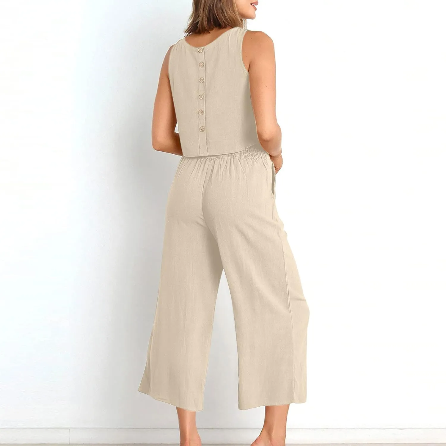 maisdgop Summer Outfits for Women Comfy Sleeveless Tank Crop Button Back Top Capri Wide Leg Pants Linen Sets with Pockets
