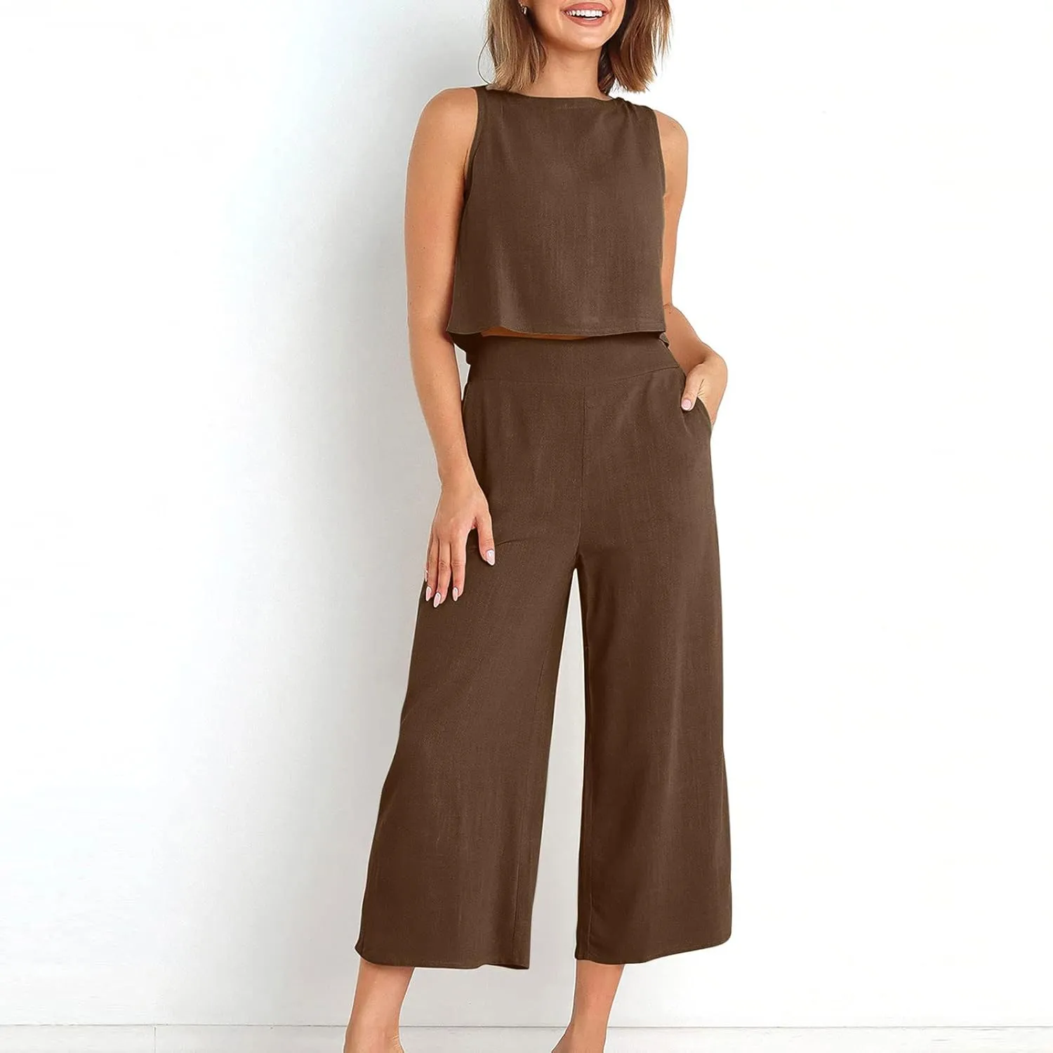 maisdgop Summer Outfits for Women Comfy Sleeveless Tank Crop Button Back Top Capri Wide Leg Pants Linen Sets with Pockets
