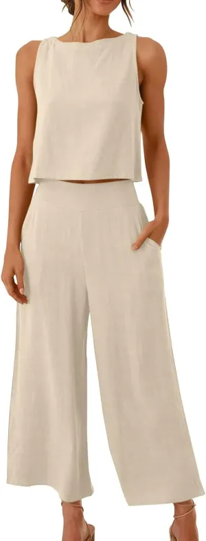 maisdgop Summer Outfits for Women Comfy Sleeveless Tank Crop Button Back Top Capri Wide Leg Pants Linen Sets with Pockets