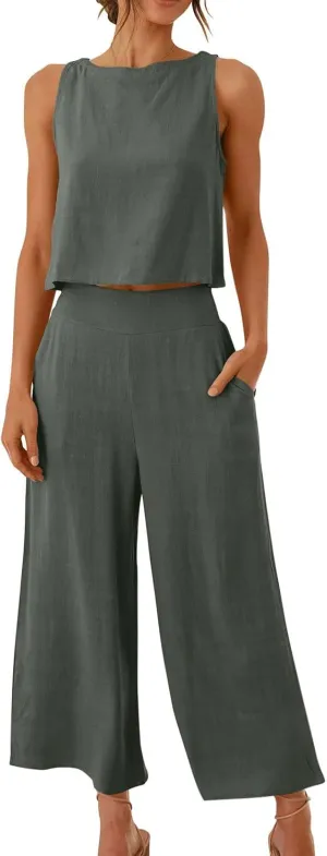 maisdgop Summer Outfits for Women Comfy Sleeveless Tank Crop Button Back Top Capri Wide Leg Pants Linen Sets with Pockets