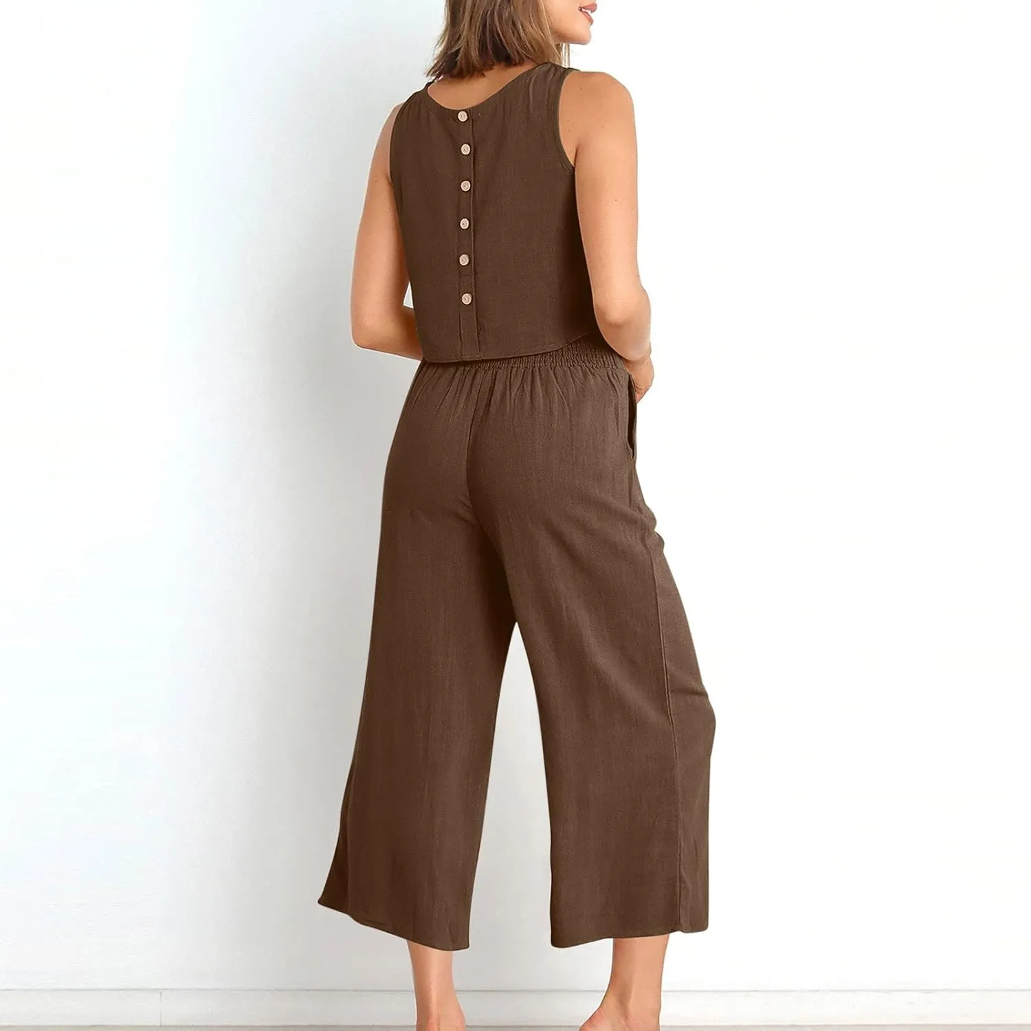 maisdgop Summer Outfits for Women Comfy Sleeveless Tank Crop Button Back Top Capri Wide Leg Pants Linen Sets with Pockets