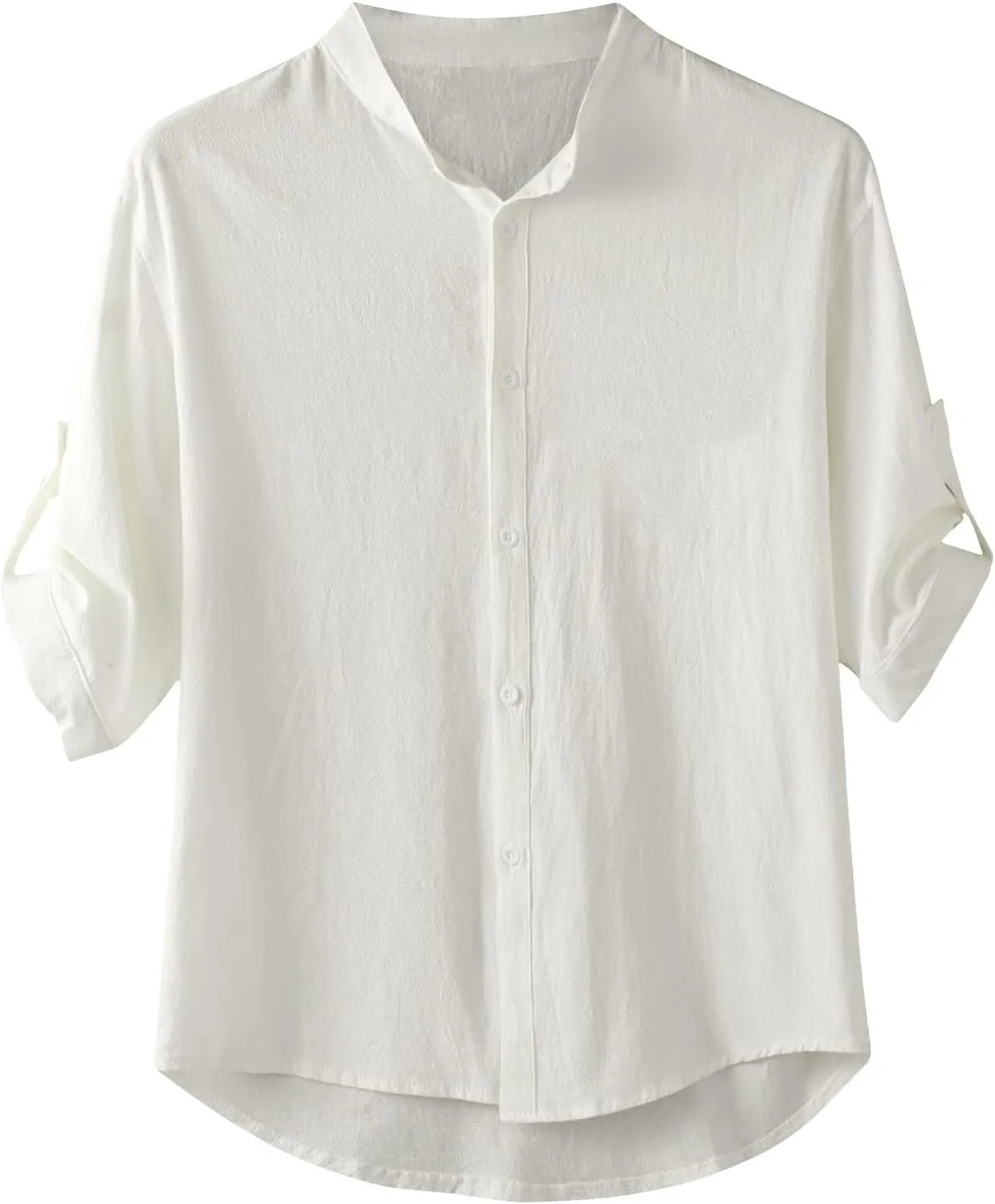 Mens Casual Half Sleeve Shirts Cotton Linen Button Down Regular Fit Beach Shirt Solid Mandarin Collar Summer Tees