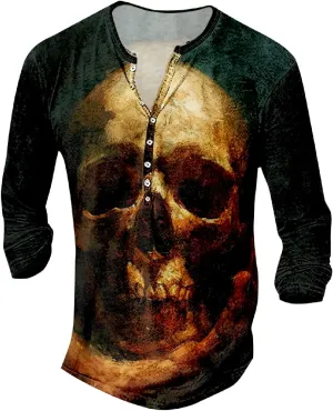 Mens Distressed Henley Shirts Long Sleeve Cotton T-Shirts Vintage Graphic Tee Washed Streetwear Retro Tee