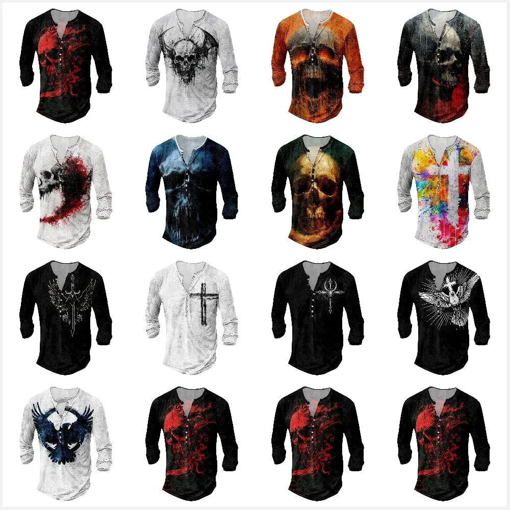 Mens Distressed Henley Shirts Long Sleeve Cotton T-Shirts Vintage Graphic Tee Washed Streetwear Retro Tee