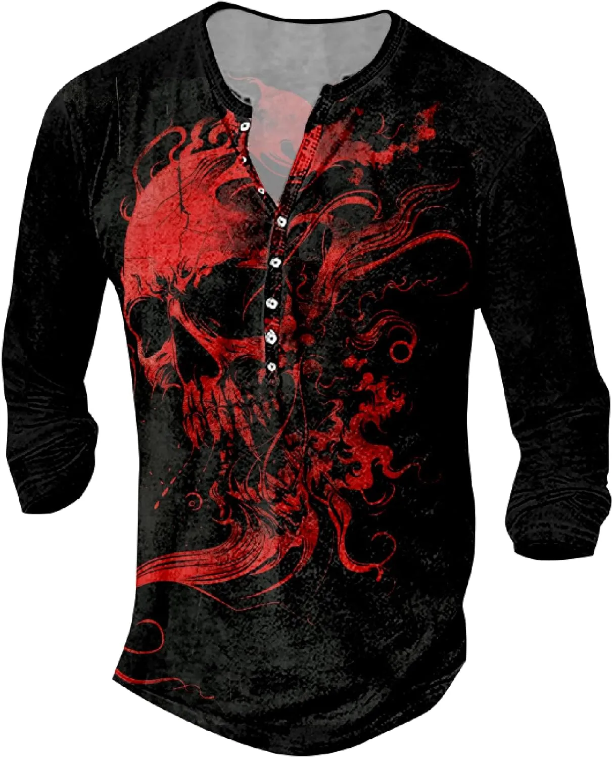 Mens Distressed Henley Shirts Long Sleeve Cotton T-Shirts Vintage Graphic Tee Washed Streetwear Retro Tee