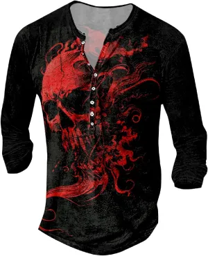 Mens Distressed Henley Shirts Long Sleeve Cotton T-Shirts Vintage Graphic Tee Washed Streetwear Retro Tee