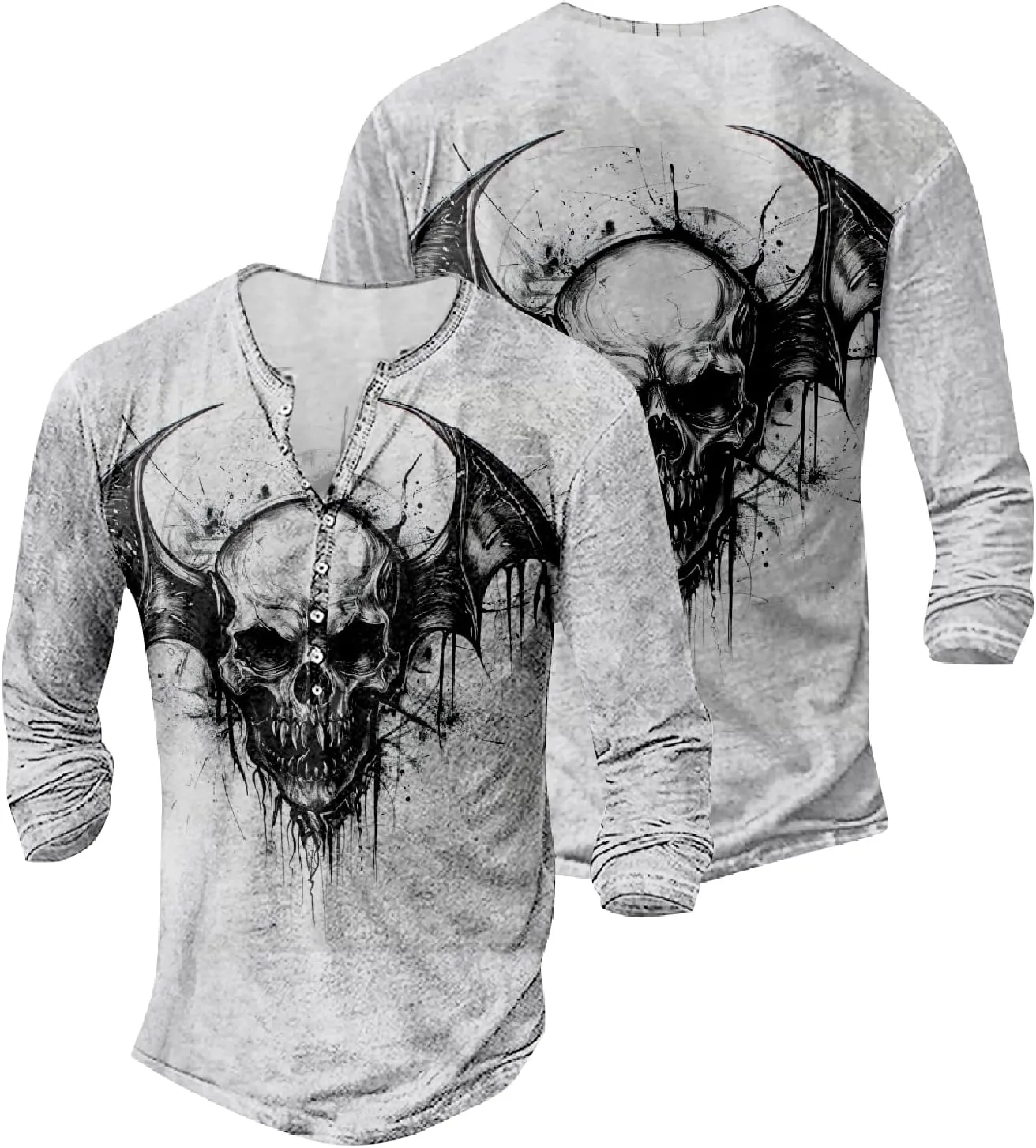 Mens Distressed Henley Shirts Long Sleeve Cotton T-Shirts Vintage Graphic Tee Washed Streetwear Retro Tee