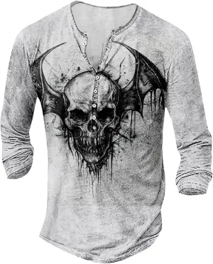 Mens Distressed Henley Shirts Long Sleeve Cotton T-Shirts Vintage Graphic Tee Washed Streetwear Retro Tee