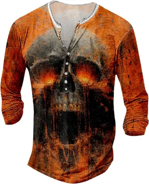Mens Distressed Henley Shirts Long Sleeve Cotton T-Shirts Vintage Graphic Tee Washed Streetwear Retro Tee
