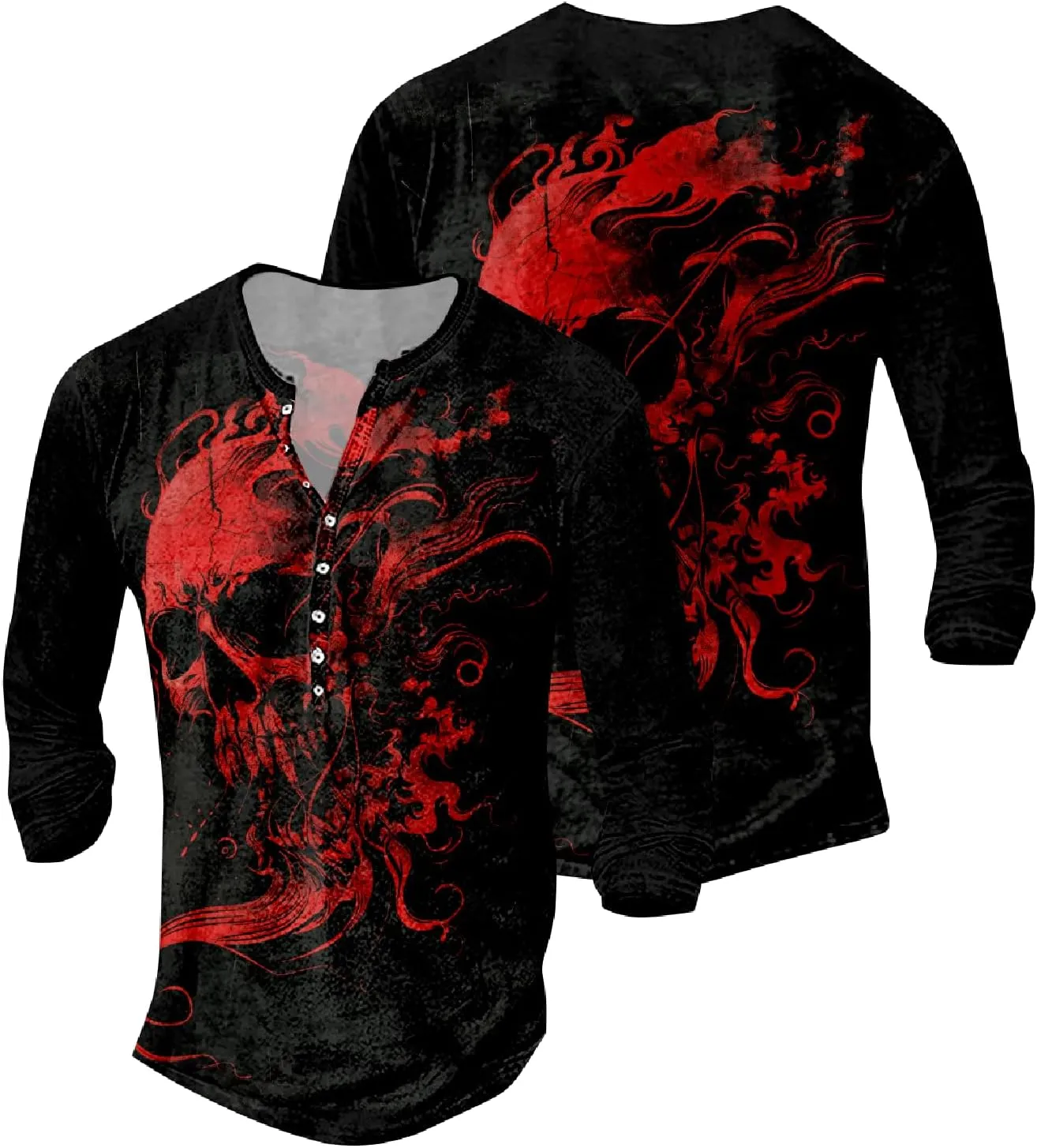 Mens Distressed Henley Shirts Long Sleeve Cotton T-Shirts Vintage Graphic Tee Washed Streetwear Retro Tee
