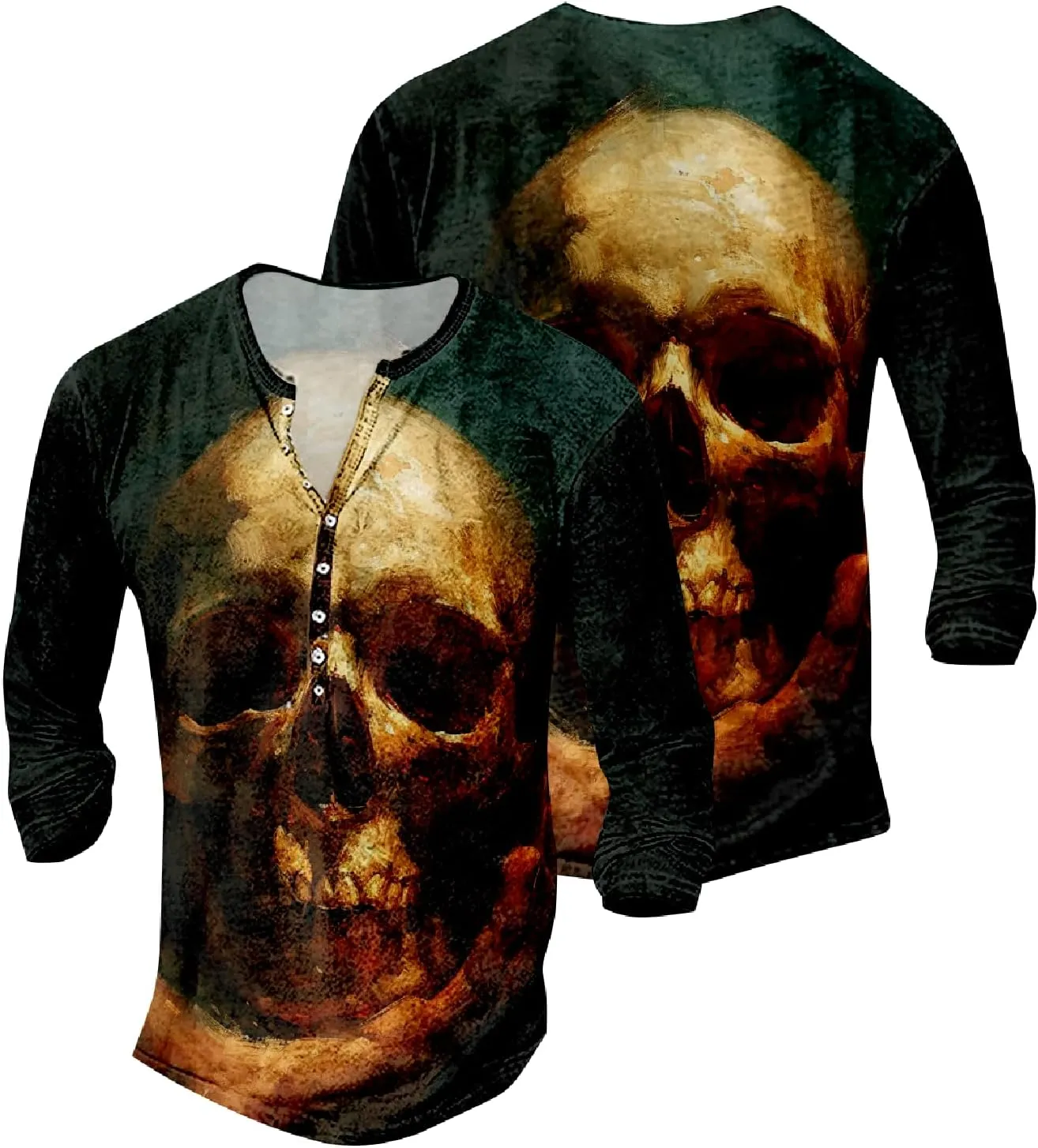 Mens Distressed Henley Shirts Long Sleeve Cotton T-Shirts Vintage Graphic Tee Washed Streetwear Retro Tee