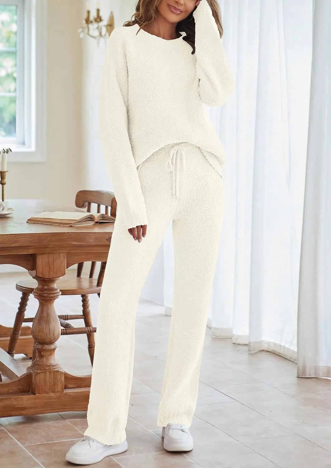 MEROKEETY Womens Fuzzy Fleece Long Sleeve 2 Piece Loungewear Outfits Sweater Pants Pajama Sets