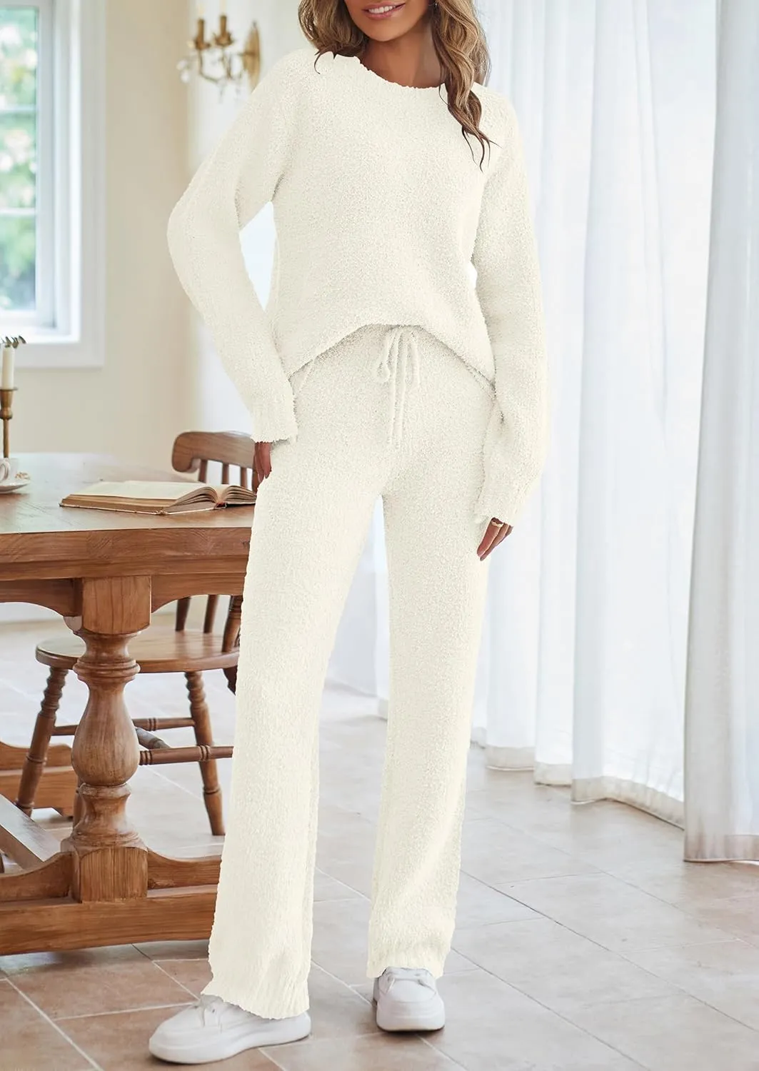 MEROKEETY Womens Fuzzy Fleece Long Sleeve 2 Piece Loungewear Outfits Sweater Pants Pajama Sets