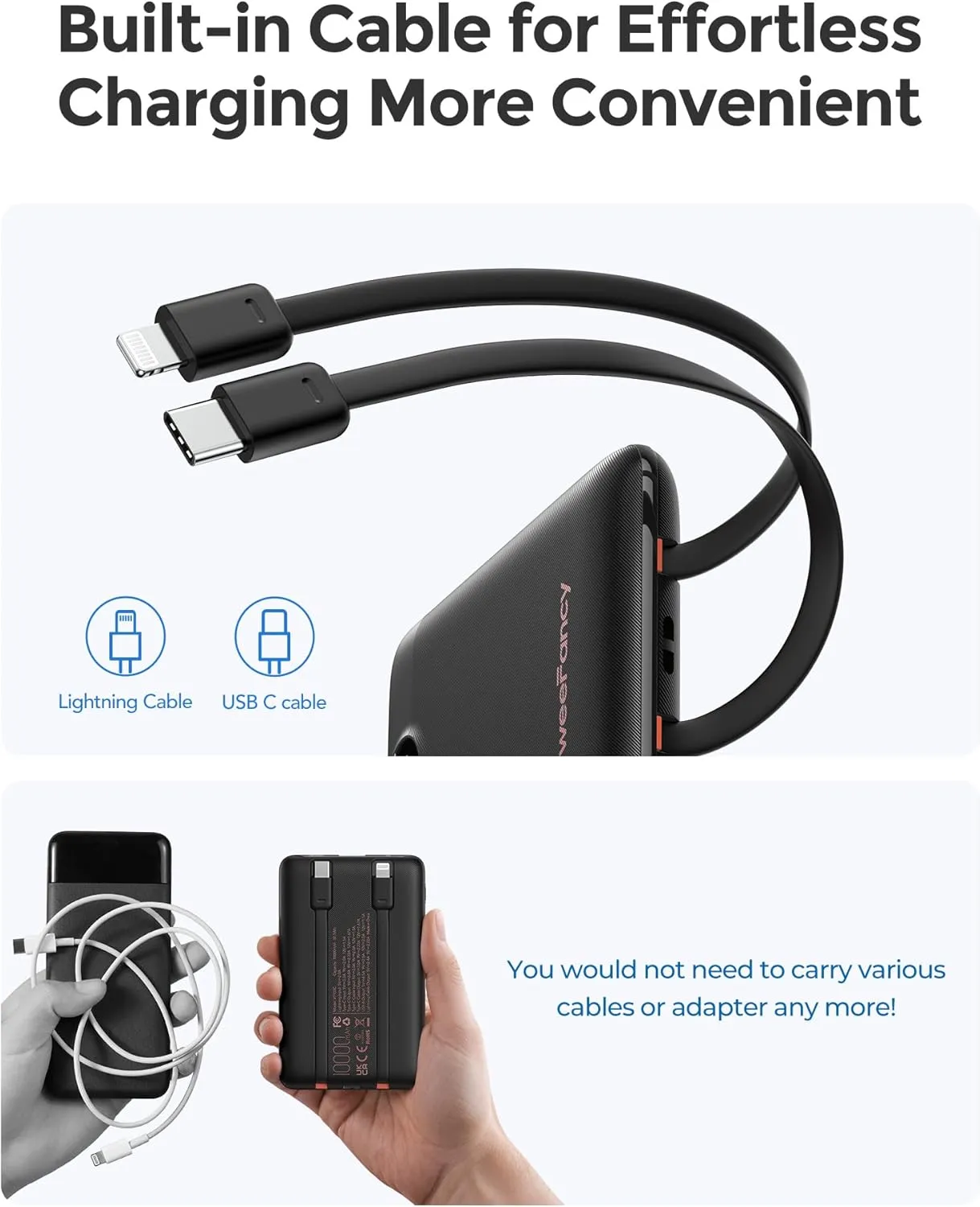 Mini Portable Charger with Built-in Cables 22.5W Fast Charging Power Bank USB-C Small Battery Pack 10000mAh Travel Essential Slim Battery for iPhone 16/15/14, Samsung 24/23, and More