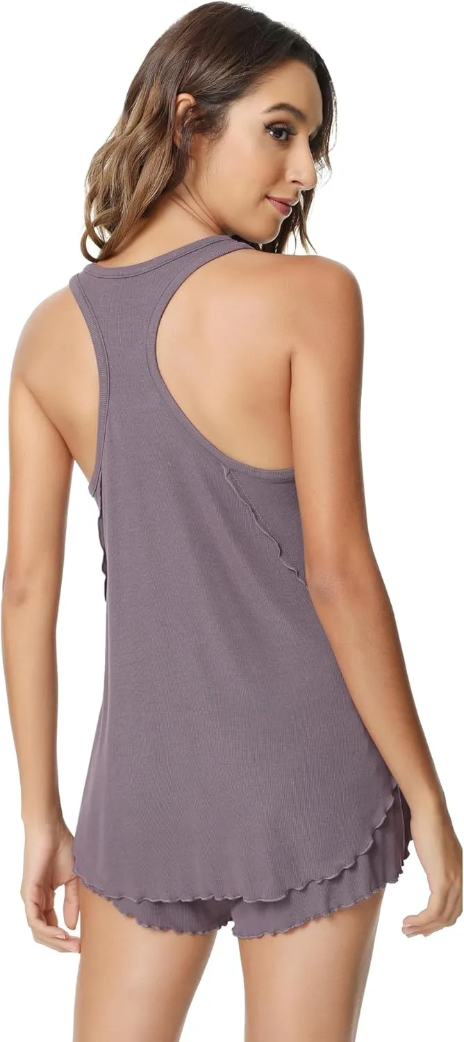 NACHILA Pajamas for Women-Viscose Made from Bamboo,Ribbed Racerback Tank Top and Shorts Pajama Sets Sleeveless Sleep Cami Pj