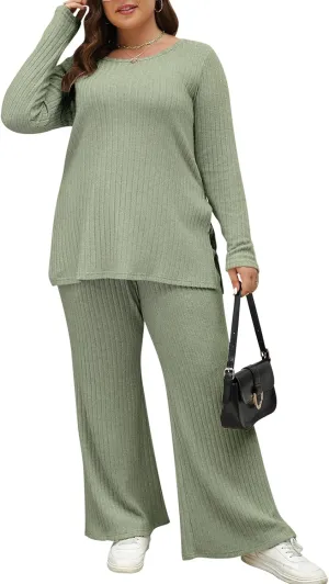 Nemidor Womens Plus Size 2 Piece Fall Outfits Ribbed Knit Top Flare Leg Pants Tracksuits Pajama Sets NEM539