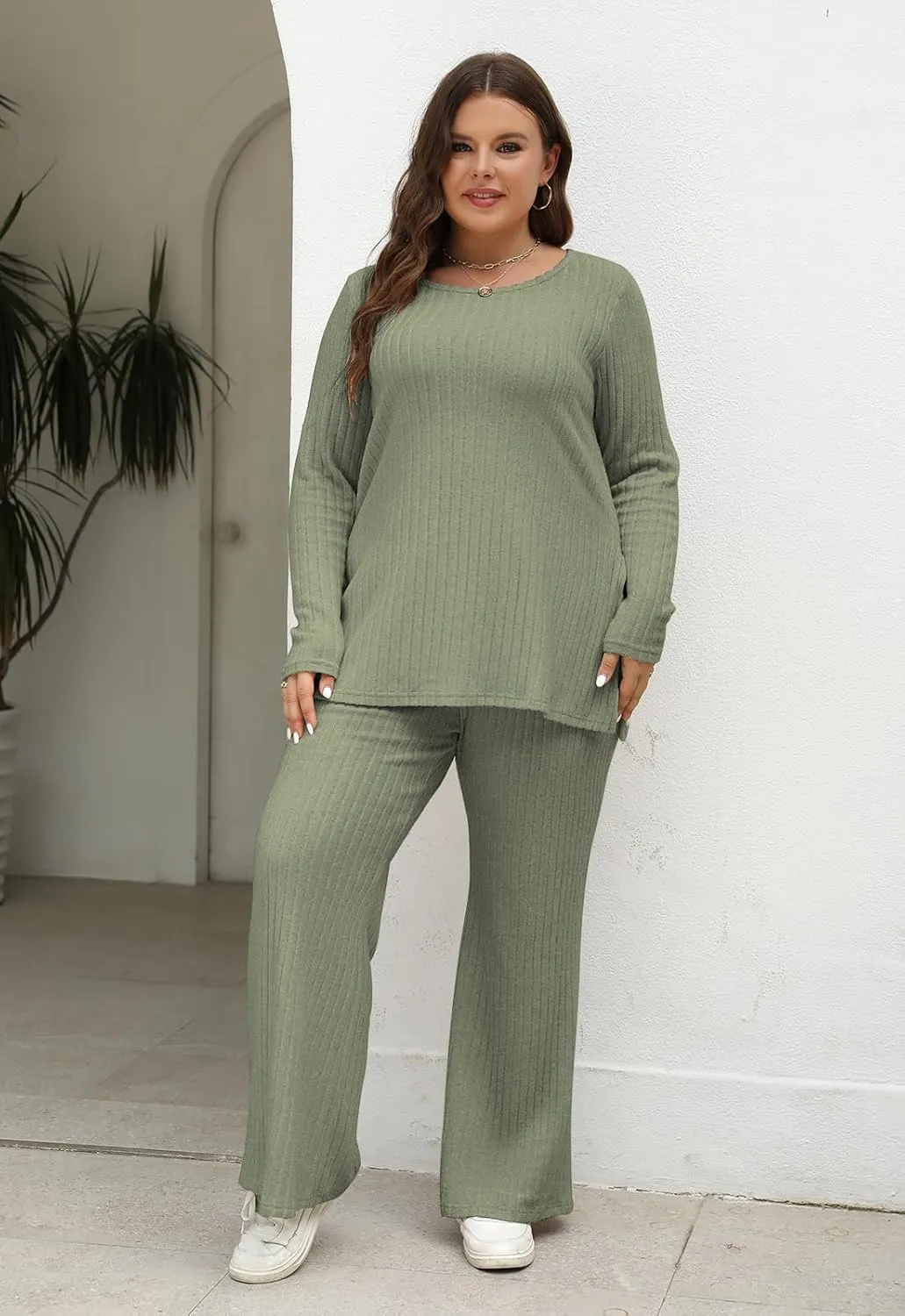 Nemidor Womens Plus Size 2 Piece Fall Outfits Ribbed Knit Top Flare Leg Pants Tracksuits Pajama Sets NEM539