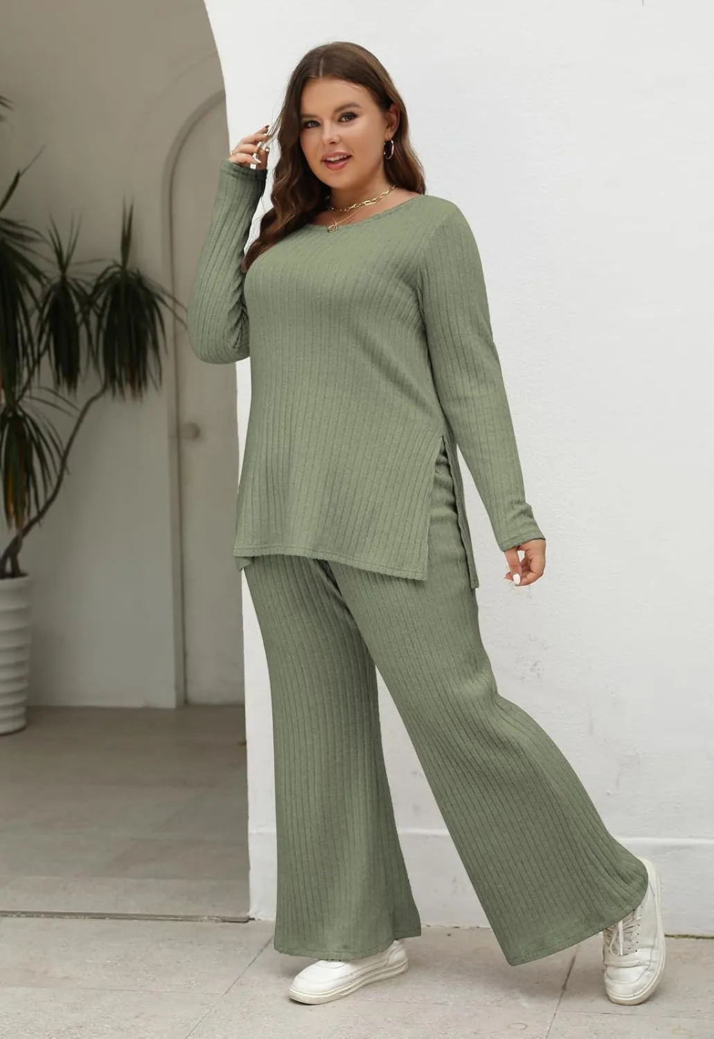 Nemidor Womens Plus Size 2 Piece Fall Outfits Ribbed Knit Top Flare Leg Pants Tracksuits Pajama Sets NEM539