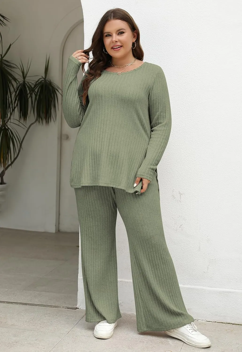 Nemidor Womens Plus Size 2 Piece Fall Outfits Ribbed Knit Top Flare Leg Pants Tracksuits Pajama Sets NEM539