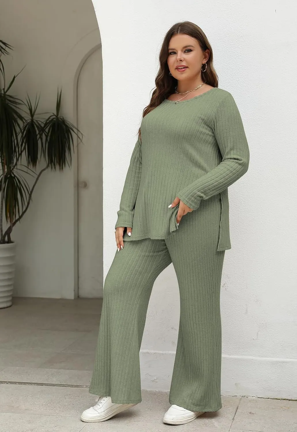 Nemidor Womens Plus Size 2 Piece Fall Outfits Ribbed Knit Top Flare Leg Pants Tracksuits Pajama Sets NEM539