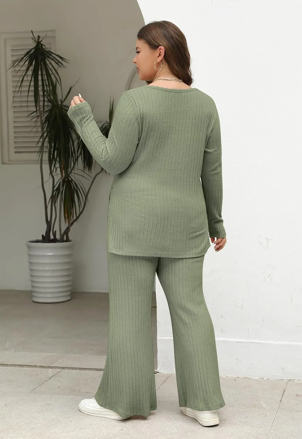 Nemidor Womens Plus Size 2 Piece Fall Outfits Ribbed Knit Top Flare Leg Pants Tracksuits Pajama Sets NEM539