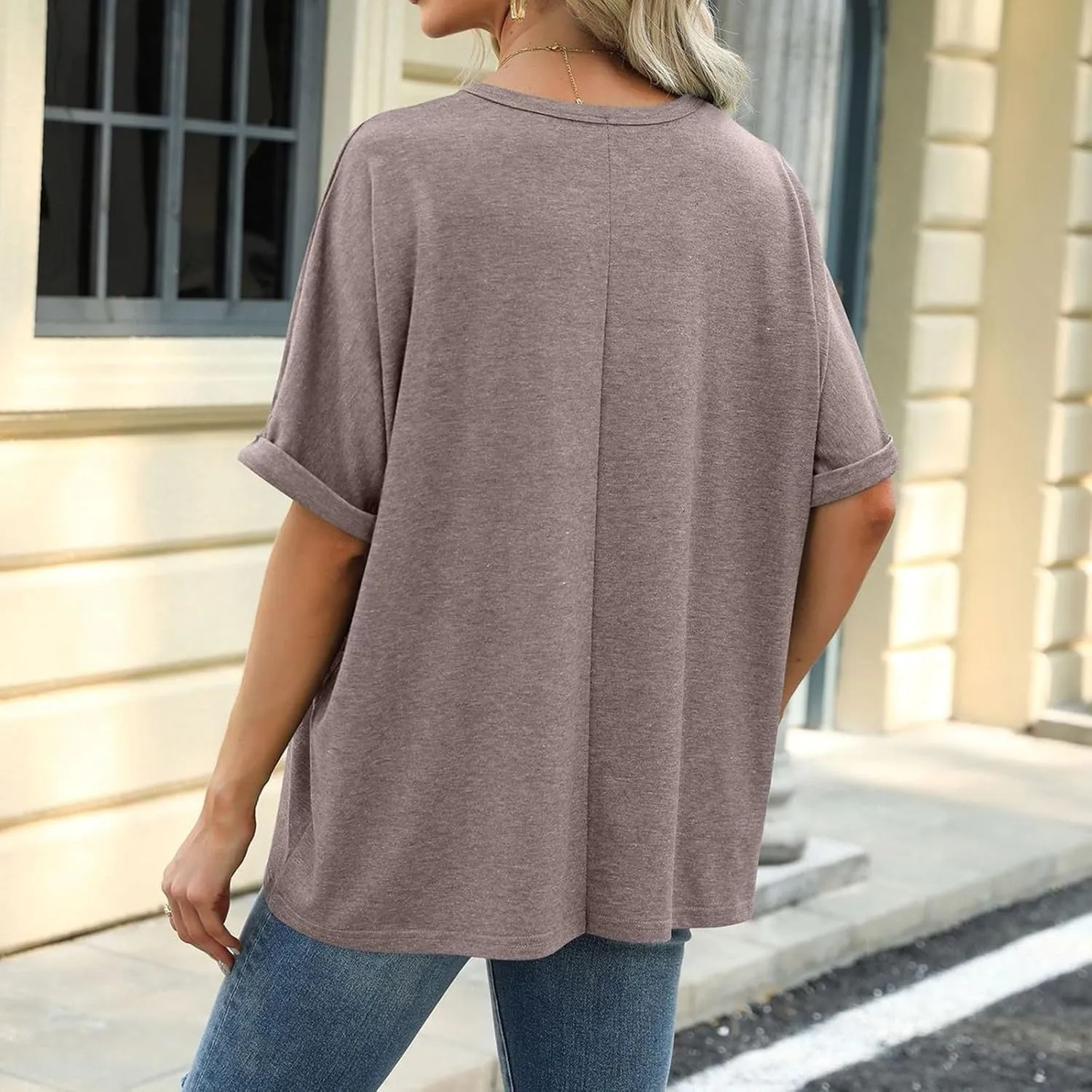 Oversized Tshirts for Women Crew Neck Rolled Elbow Length Summer Tops Dressy Half Sleeve Loose Fit Cute Shirts