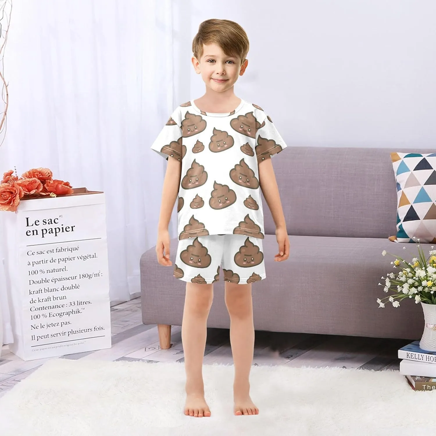 Pajama Sets Short Sleeve Small Cute Poop Pattern Soft Cotton Summer Sleepwear 2 Piece PJS Size 5-14T